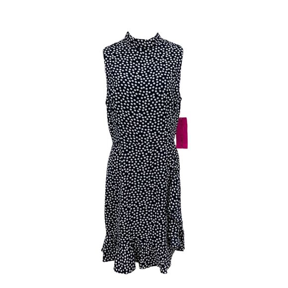 Betsey Johnson Dress Womens 12 Navy Ivory Polka Dot Sleeveless Tulip Ruffle Hem - Picture 1 of 16